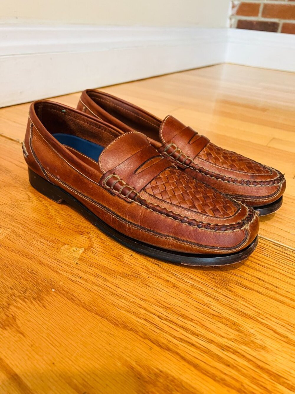 Bostonian Stadium Penny Loafers in brown leather, featuring a woven basket weave